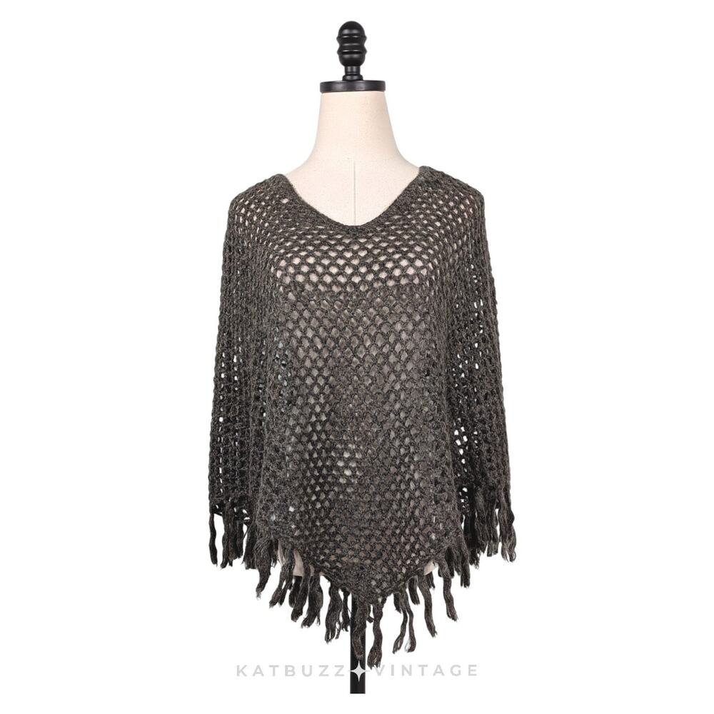 Y2K Poncho Sweater OS Brown Ramie Wool Blend Boho Indie Fringe Open Sheer Vtg